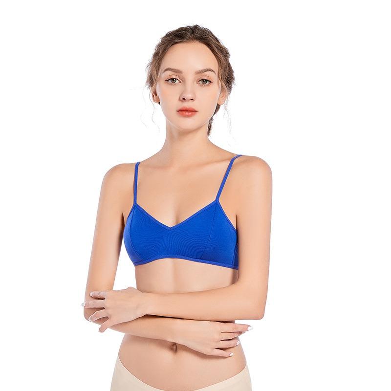 Geshun Fog Blue Solid Color Thin Shoulder Push-up Bra No Underwire Soft Cotton Double Breasted