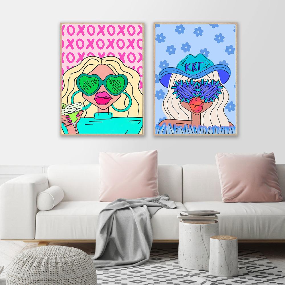 Preppy Funky Girl Portrait Wall Art Canvas Painting Fashion Cartoon Woman Avatar Poster Pictures Modern Dorm Decor Prints