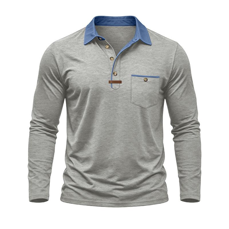 Mens Casual Long Sleeve Polo Shirts Contrast Lapel Button T Shirt with Chest Pocket Solid Color Daily Business Tops