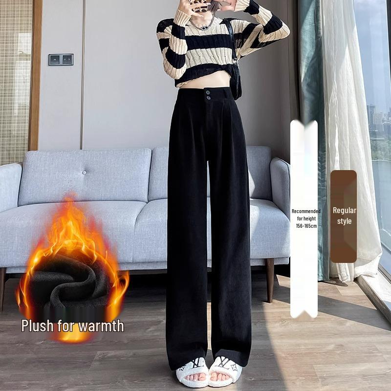 145cm Fleece-Lined High-Waisted Wide-Leg Chenille Pants - Women's XS, Petite, Black, Casual Autumn/Winter