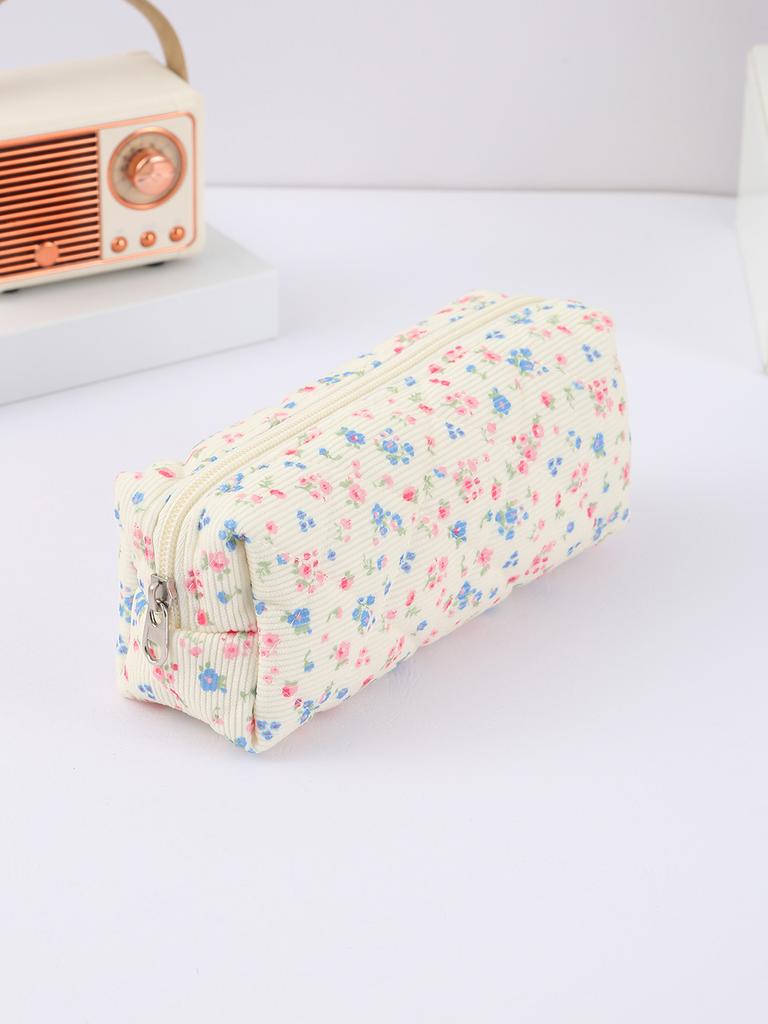 Exquisite flowers and bow pattern creative pencil case, rectangular stationery storage bag, stylish portable school supplies