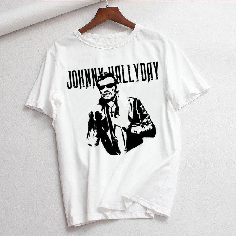 Johnny Hallyday Print T Shirt Women White and Black Shirts Fashion Round Neck Short Sleeve Cotton TShirt