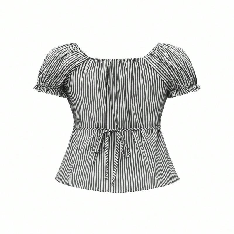 Summer Lace Collar Puff Sleeve Shirt Fashionable Striped Slim Versatile Short-sleeved Top