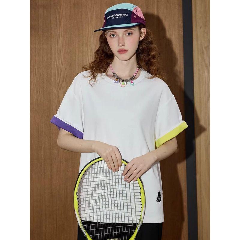 Coolhut Color-Blocked Loose Design Embroidered Top 2025 Women's T-Shirt Short-Sleeved Loose Round Neck Drop Shoulder