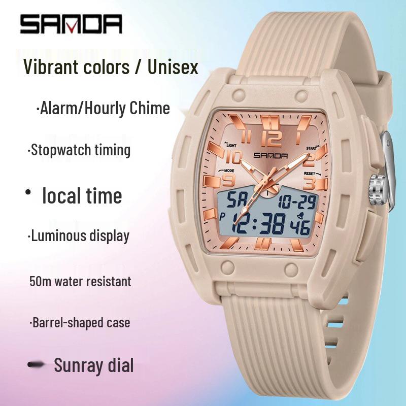 SANDA Men's Waterproof Sports Watch, Dual Display Countdown Timer, Large Barrel Dial, Luminous, with Alarm Clock Function.