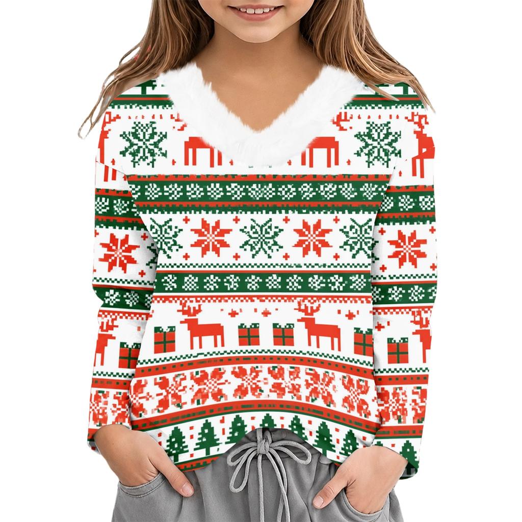 Girls Christmas Shirt Plush V-Neck Printed Winter Base Layer Top for Little Girls