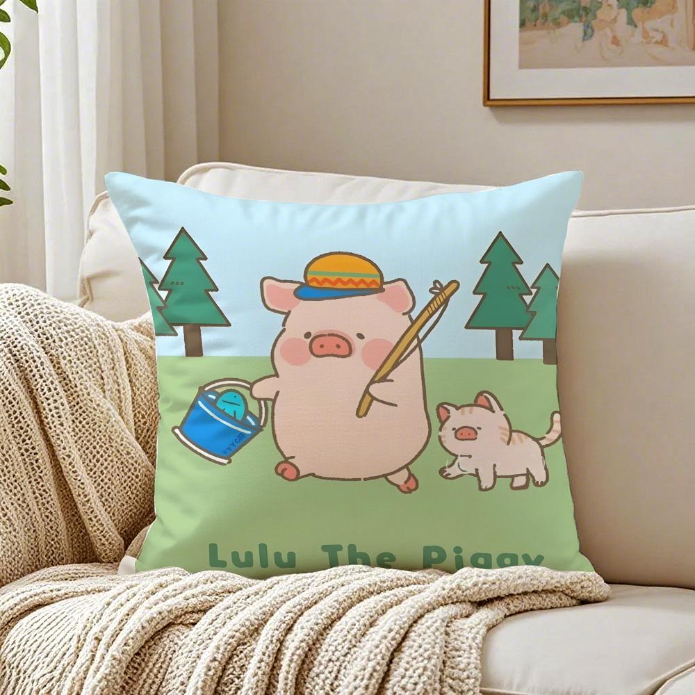 Cartoon LLuLu the Piggy Pink Cushion Cover Linen Pillowcase Soft for Sofa Bed Home Room Decor