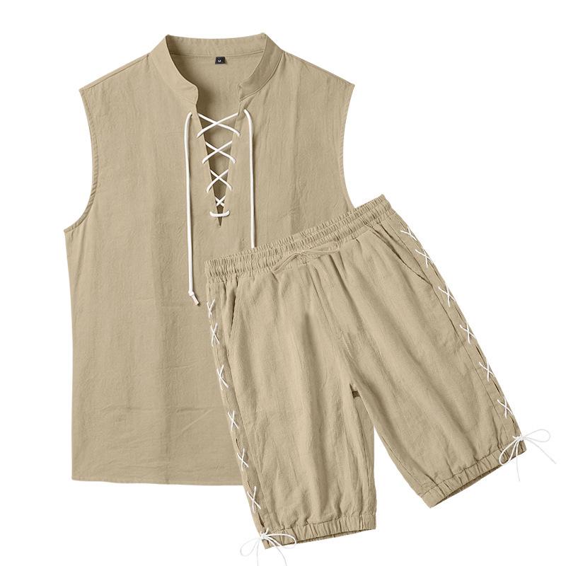 Men's Linen Plus Size Sleeveless Stand Collar Jogger Shorts Set with Drawstring