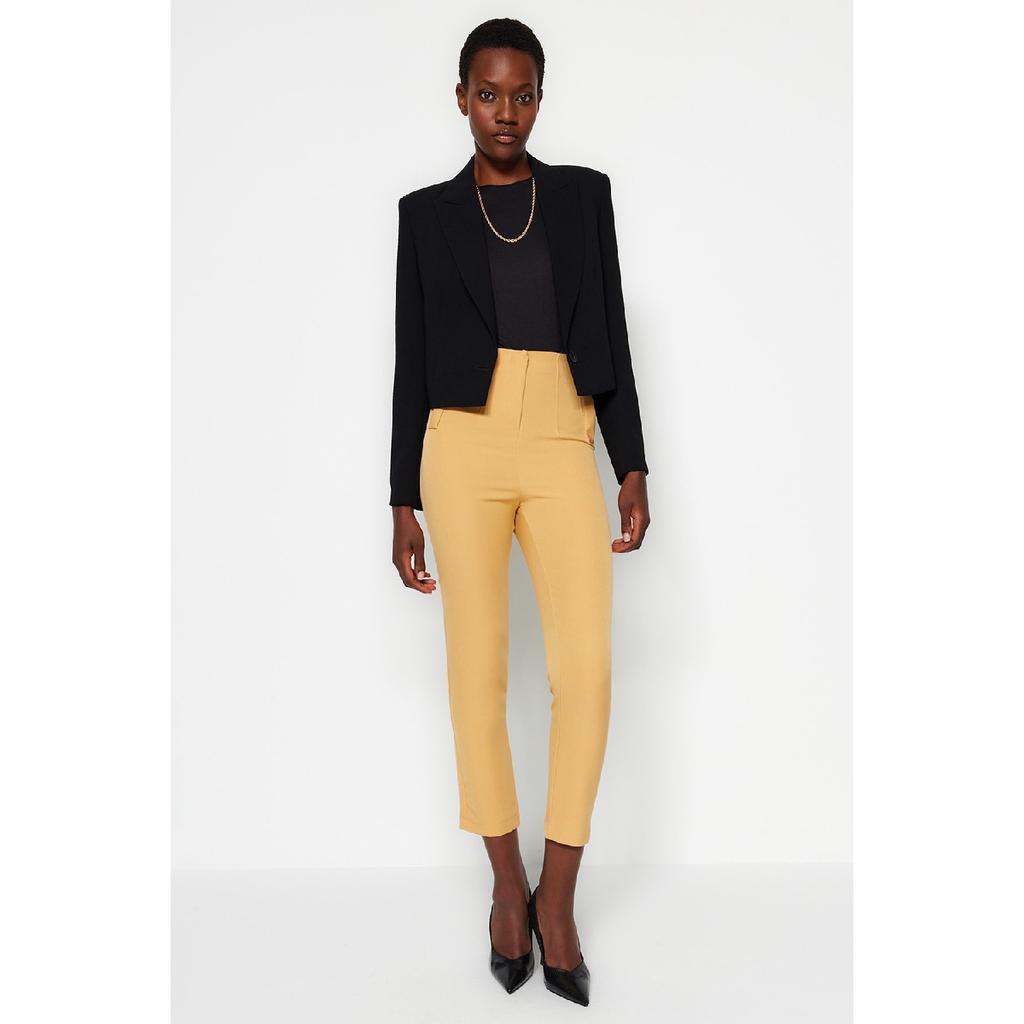 Czarne tkane spodnie w papierosowe wzory, z wysokim stanem i do kostek Twoss20pl0515