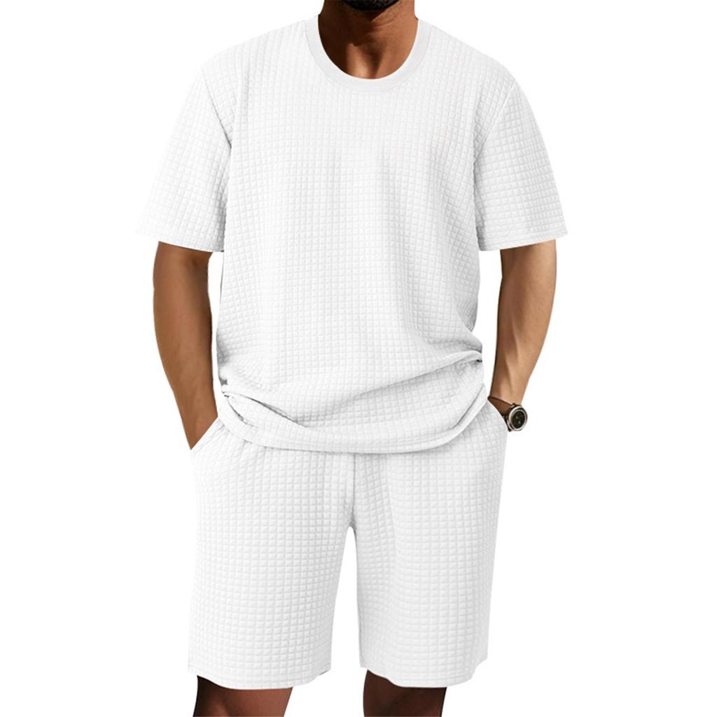 Set de două piese pentru bărbați, culoare solidă, casual, cu guler rotund, mânecă scurtă, pantaloni scurți