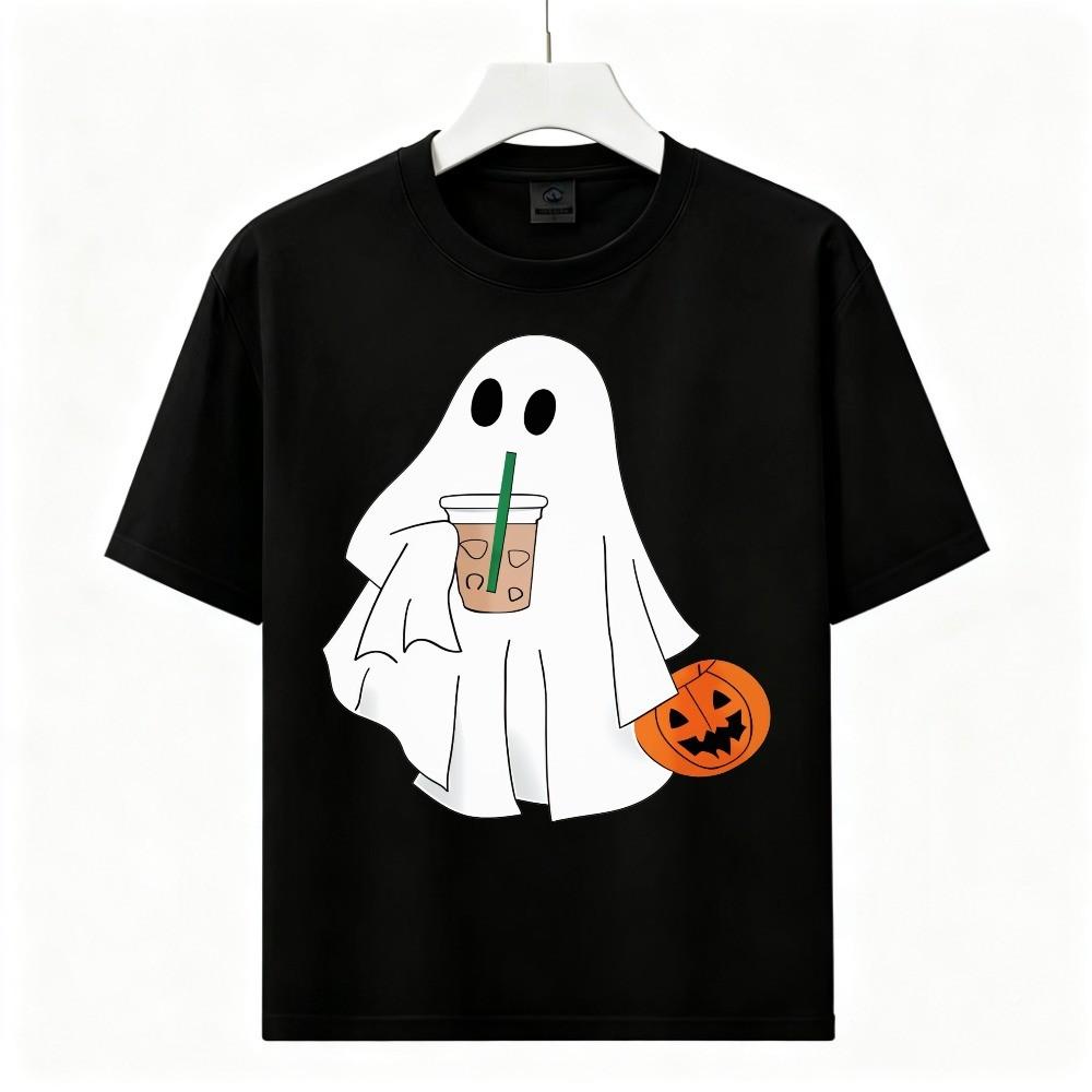 Halloween Ghost Coffee Lover Gift T-Shirt Fall Halloween Casual Graphic Tee