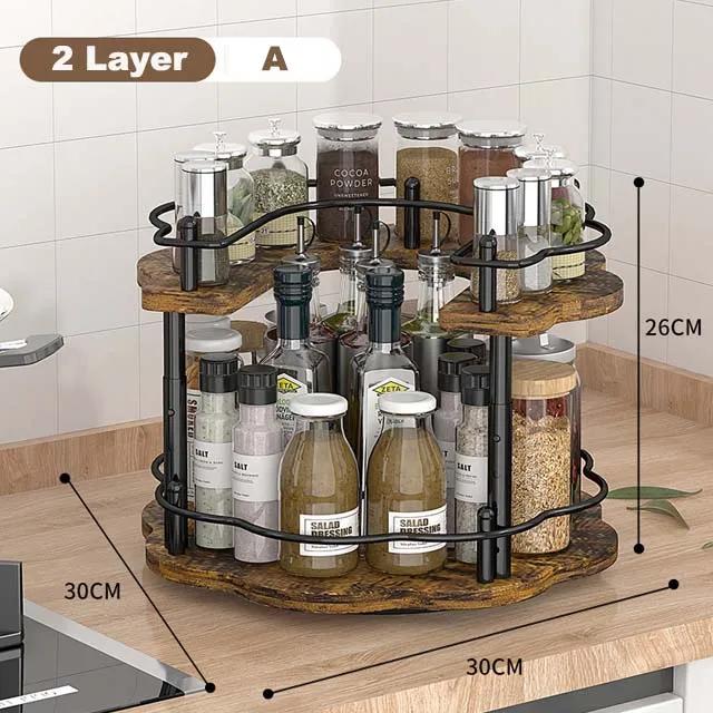 Spices Rack 360° Rotating Seasoning Holder Storage Tray Kitchen Organizer Wooden Oil, Salt, Soy Bottle Storage Rack for Kitchen