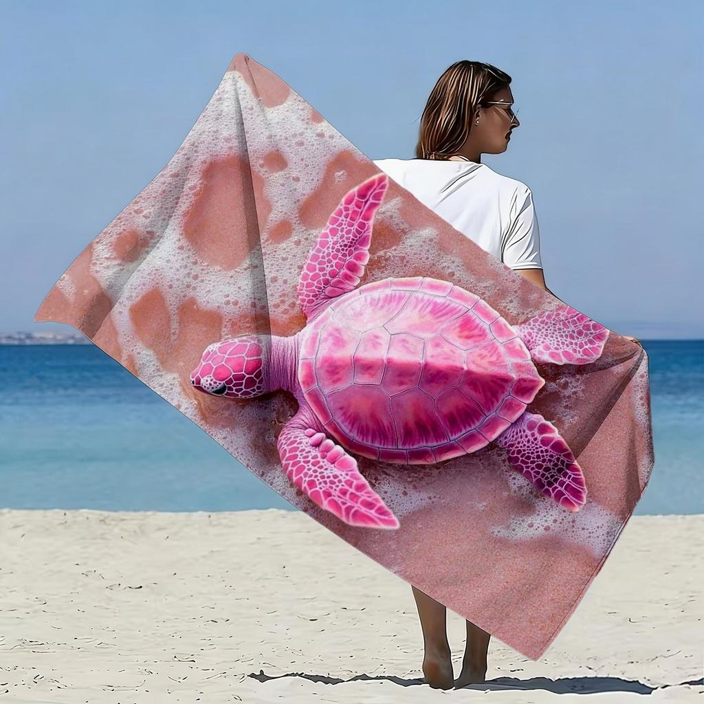 Tropisches Rosa Schildkröten Strandtuch Realistische Meeresschildkröte auf Strand Schaummuster Badetuch, Perfekt für Meeresliebhaber Strandurlaube