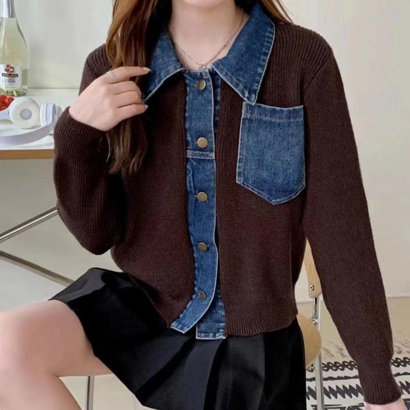Autumn and winter PO collar short top women's fake two-piece denim collar splicing jacket knitted cardigan