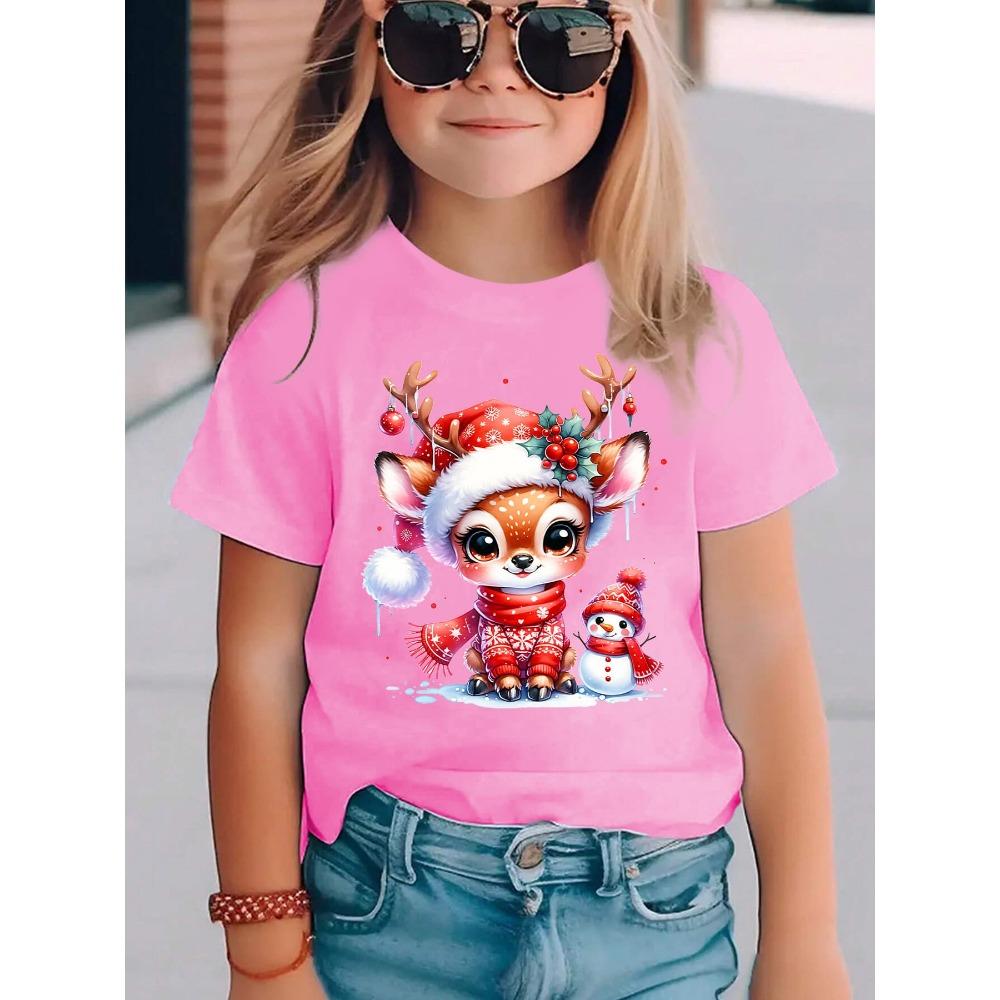 

Summer Fashion Girls Short Sleeved T-shirt Cartoon Elements Christmas Atmosphere Printed Casual Versatile Top 140