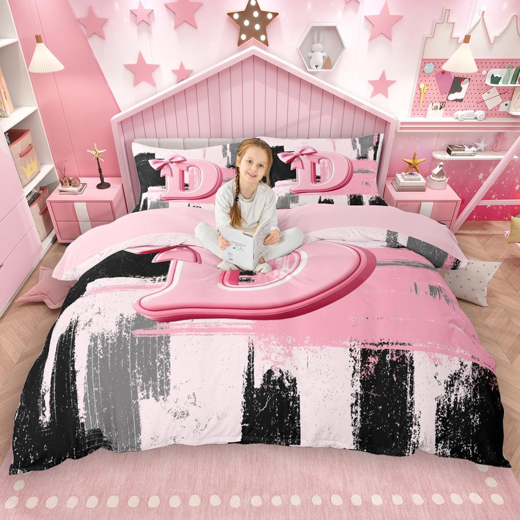 Homewish Girls Bow Monogrammed Duvet Cover Set 2Pcs/3Pcs Black Pink Ombre Bedding Set Personalized Letter A To T Quilt Cover