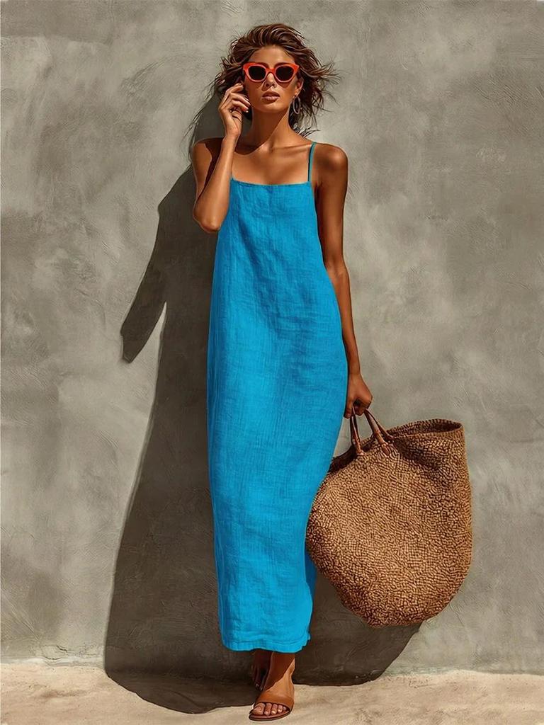 Bohemian Square Neck Adjustable Strap Maxi Dress