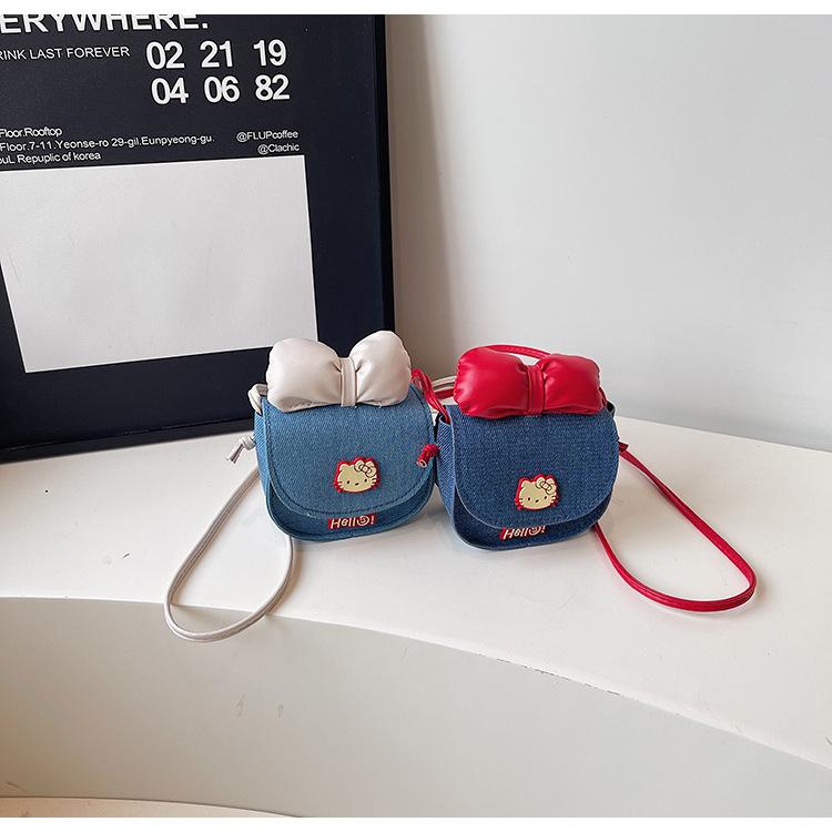 Cute Cat Bow Knot Denim Mini Wallet Fashionable Cartoon Crossbody Purse for Women KTB