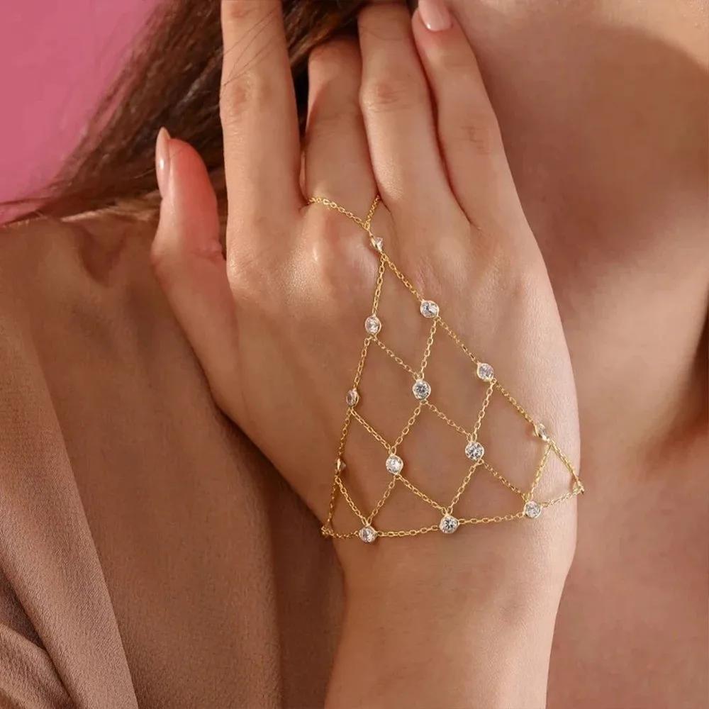 Gold/Silver Finger Bracelets Shiny Rhinestones Delicate Thin Chain Ring Bracelets Handmade Multilayer Vintage