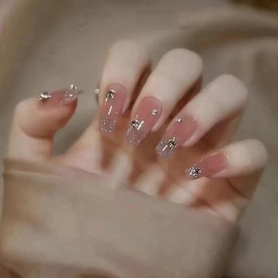 24 Pieces Short Ballet Simple Glitter Pile Diamond Nail Art Diamond Wear Nail Sweet Ins Style Fashion Fake Nails