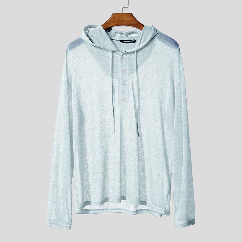 INCERUN Oversized Men Long Sleeve Transparent Loose Drawstring Hooded Tops T-shirts