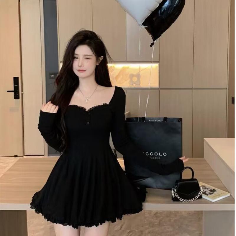 Pure desire puffy sexy lace dress women's autumn new long-sleeved waist temperament Spice girl pleated A-word short skirt