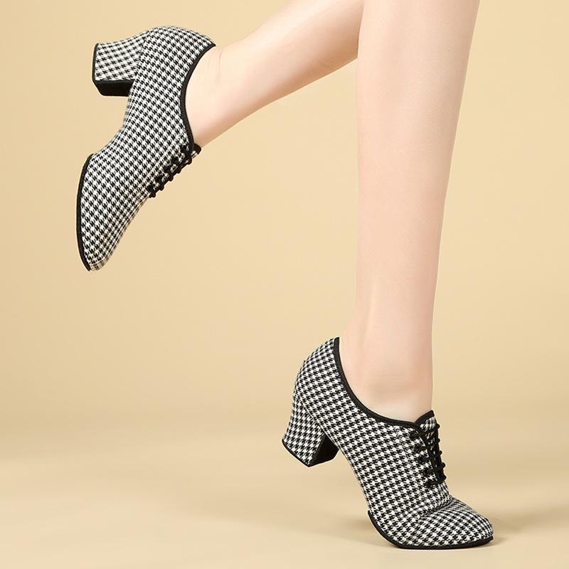 Adult Mid-Heel Soft Sole Dance Shoes: Houndstooth Pattern for Ballroom, Modern, Latin, and Cha-Cha Performances