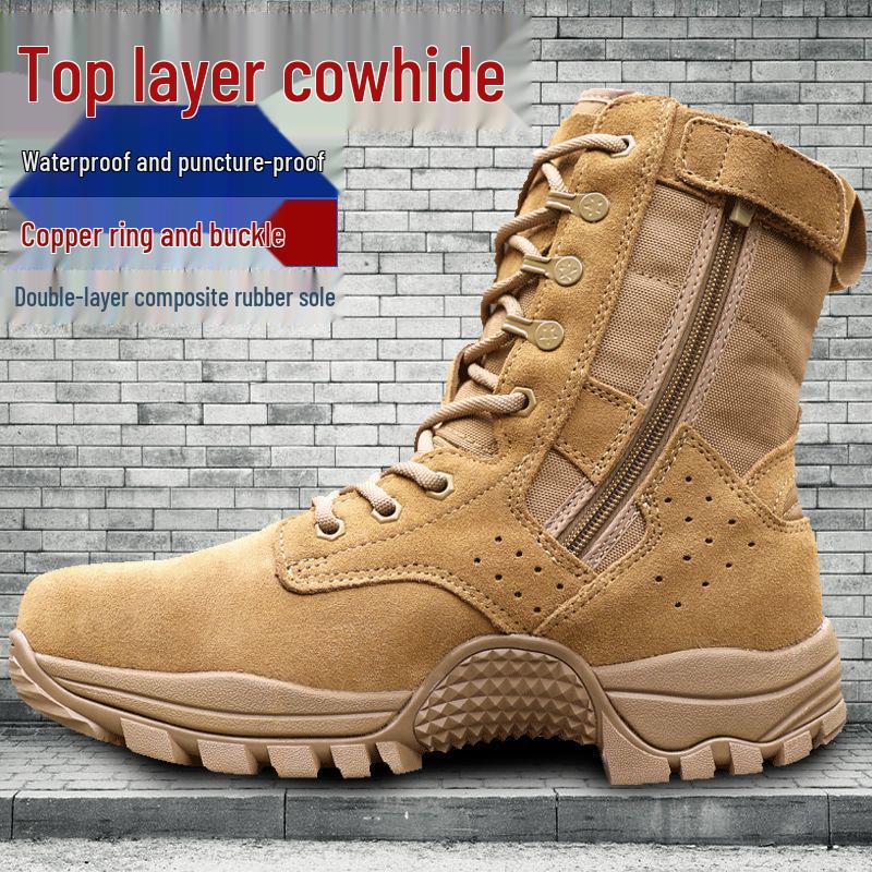 New Brown Combat Training Boots: Men's & Women's High-Top, Dustproof, Breathable Cowhide Outdoor Mountaineering Zipper Boots
