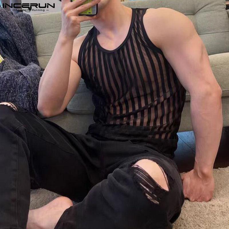 INCERUN Men Sleeveless See Through Vest Mesh Striped Tank Tops