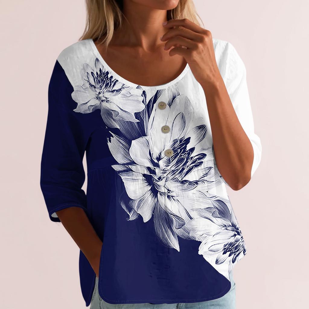 Women's Fashion Casual Three-quarter Sleeve Loose Round Neck Button Floral Print Top