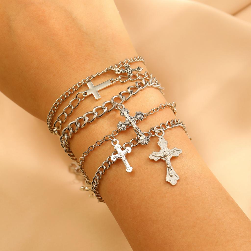 Multi Layer Cross Charm Chain Bracelet Set Gothic Religious Stackable Bracelets for Women