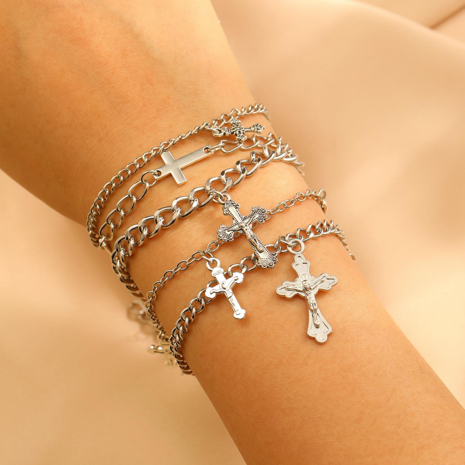 Multi Layer Cross Charm Chain Bracelet Set Gothic Religious Stackable Bracelets for Women
