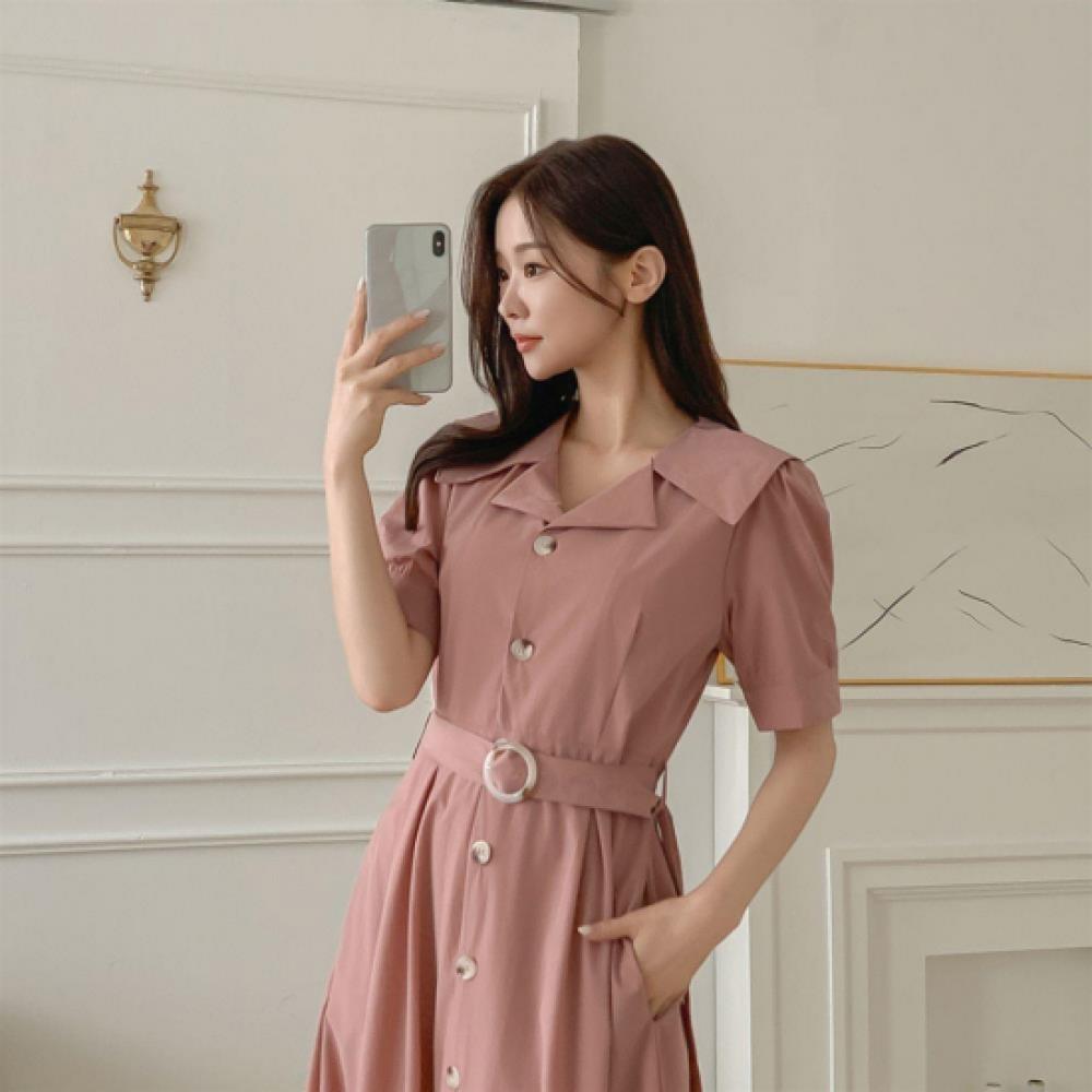 New Arrivals Open Run Women Classic Collar Neck Short Sleeve Belt Flare Long Dry