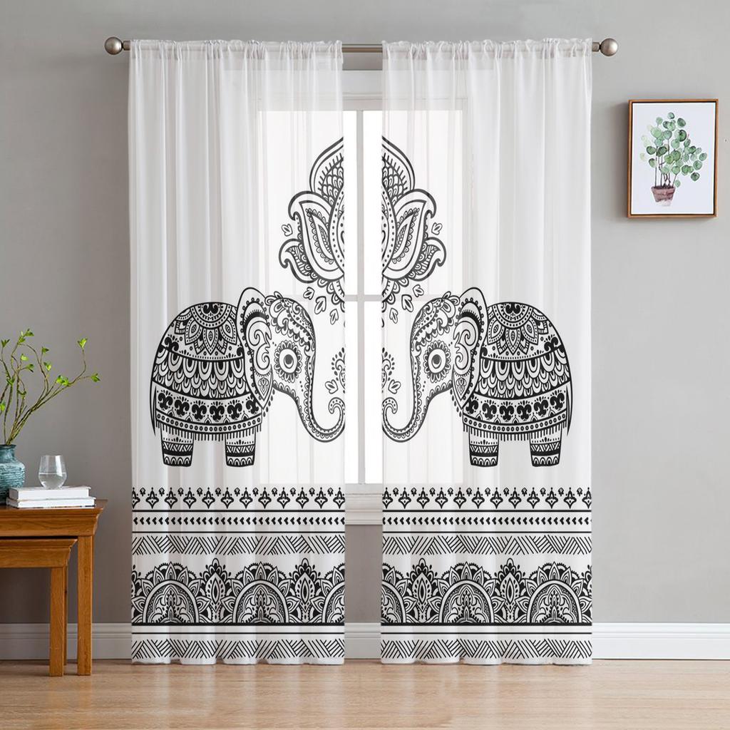 Elephant Big Stupid Bird Heart Gray Blue Sheer Curtains for Living Room Bedroom Decoration Window Voiles Morning Tulle Curtain