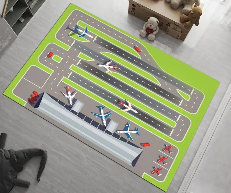 Airport Runway Carpet Airplane Scene Rug Kids Play Mat Home Decoration Non-Slip Soft Floor Mat for Children Playroom Living Room