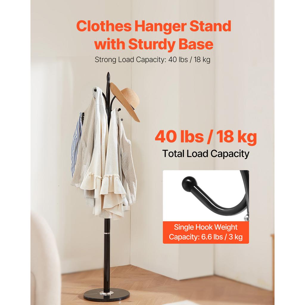 SucceBuy Coat Rack Freestanding Coat Tree Stand with Stable Marble Base&6Hooks Free Standing Hall Coat Rack for Entryway Bedroom