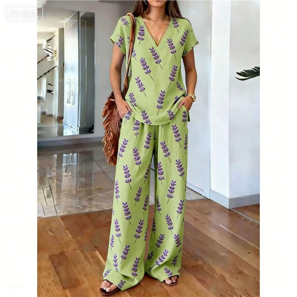 Y11116 Summer loose short-sleeved top wide-leg pants two-piece women's clothing European and American fashion suit