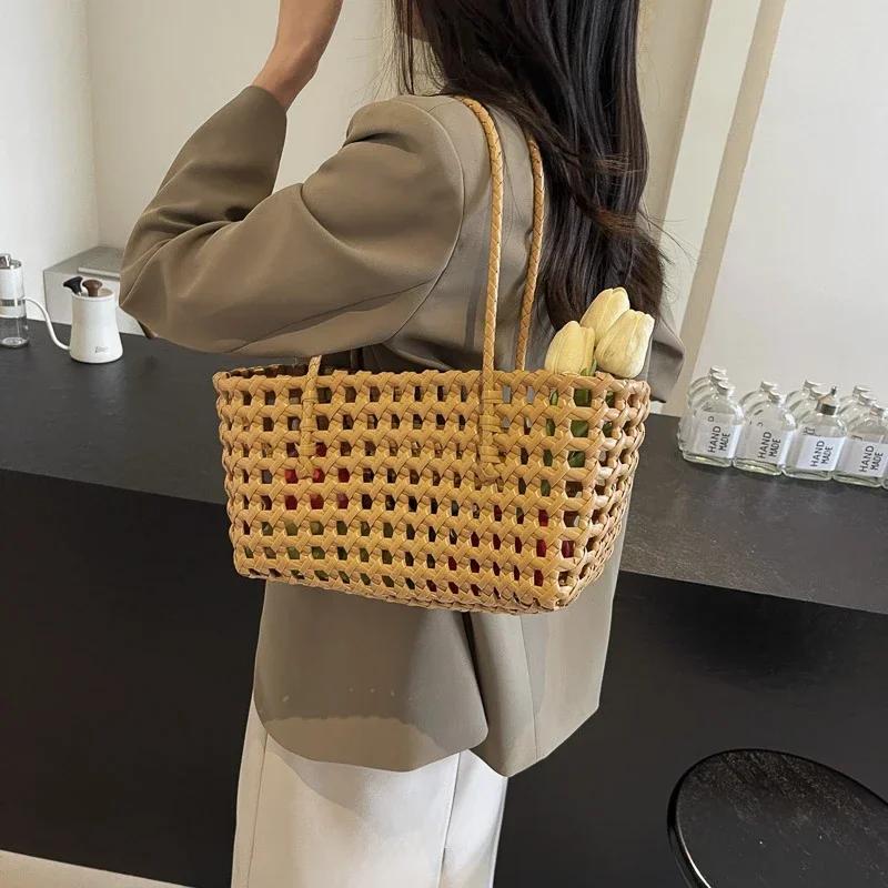2025 Sommer Hohl-Strandtasche Für Damen Modekorb Wiederverwendbare Einkaufstaschen Designer Gewebte Handtasche Urlaubstasche Schwarz Bolso
