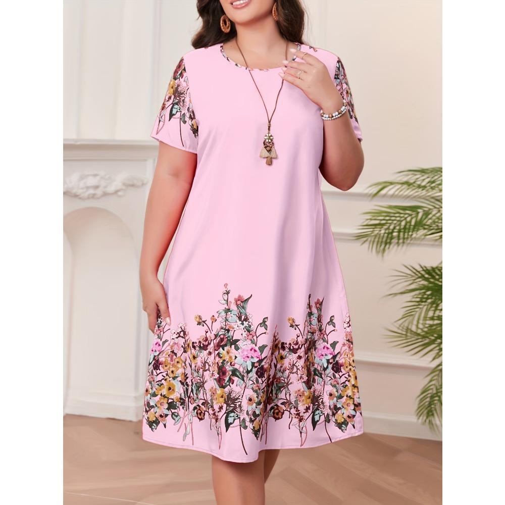 Big Size Women's Dress 3D Vintage Floral Summer Short Sleeve round Neck Casual Dress