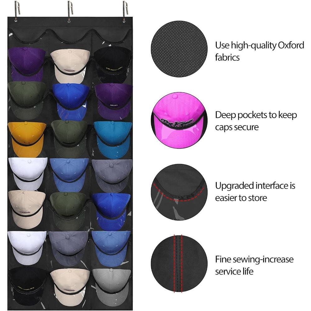 Dofilachy Hat Organizer Racks for Baseball Caps, Visible Hat Holder Rack for Wall Door with 3 Hooks, 24 Deep Pockets
