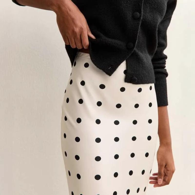 Qooth Lace Patchwork Polka Dot Straight Midi Skirt High-Waist Slimming Half Skirt Fashionable Retro Women's Skirt