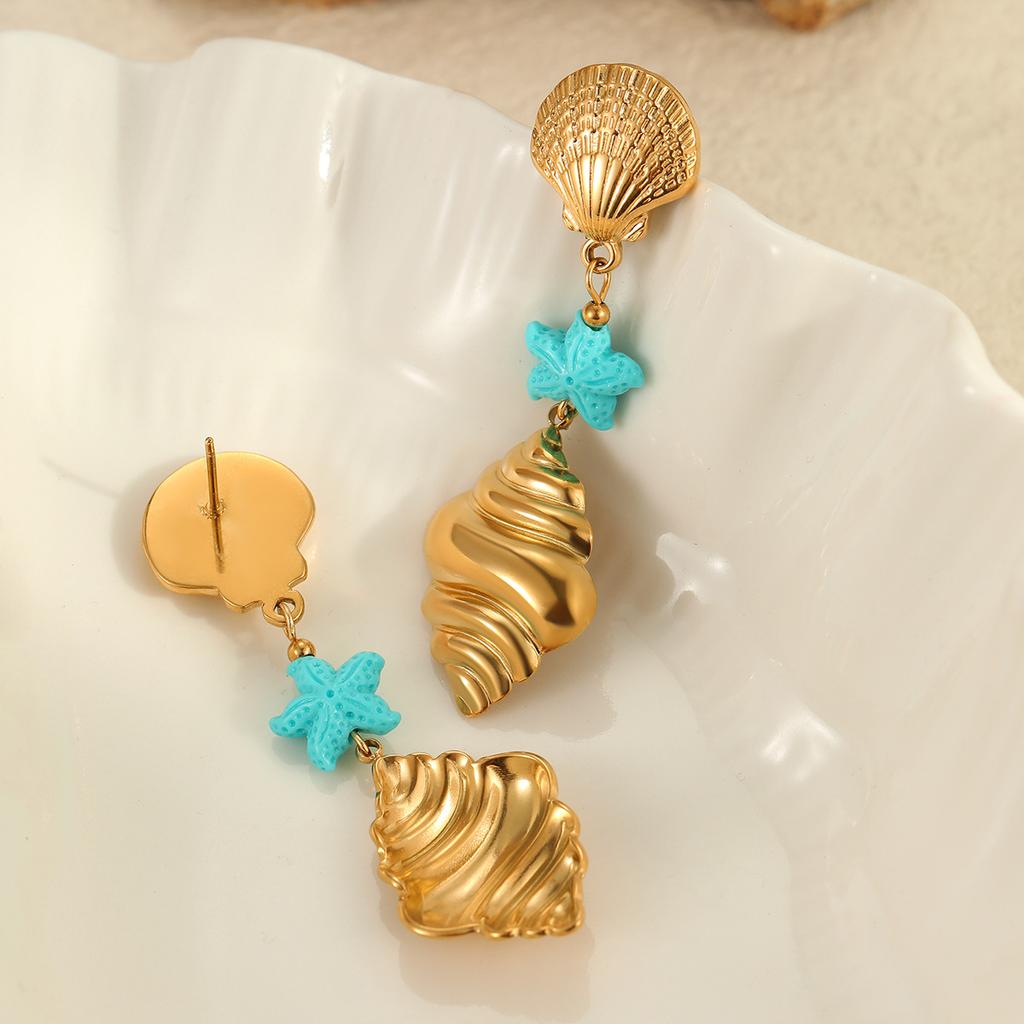 GEMCHIC Women's Summer Ocean Style Drop Earrings Gold Plated Conch Shell & Starfish Dangle Earrings Beach Vacation Jewelry
