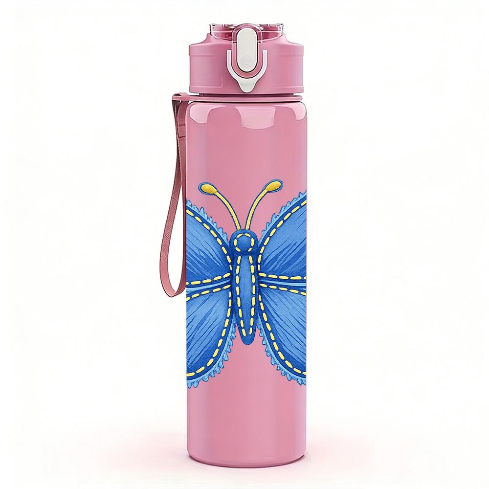 1PC Blue Butterfly Embroidery Style Print 750ml Color Plastic Sports Water Bottle Leakproof Flip Straw Lid Suitable for Sports Office Home Use