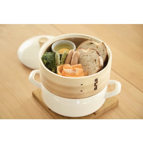 Fuji Enamel Pot with Steamer, 18cm, Greige, SER-18W.GG