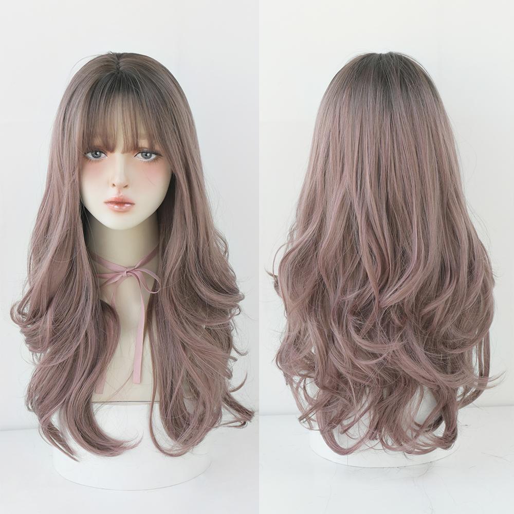 Lange Lockige Haare Damen Perücke mit Pony Täglich Braun Schwarz Rosa Lolita Cosplay Geflochtene Perücken Hitzebeständige Faser Party Kunsthaar