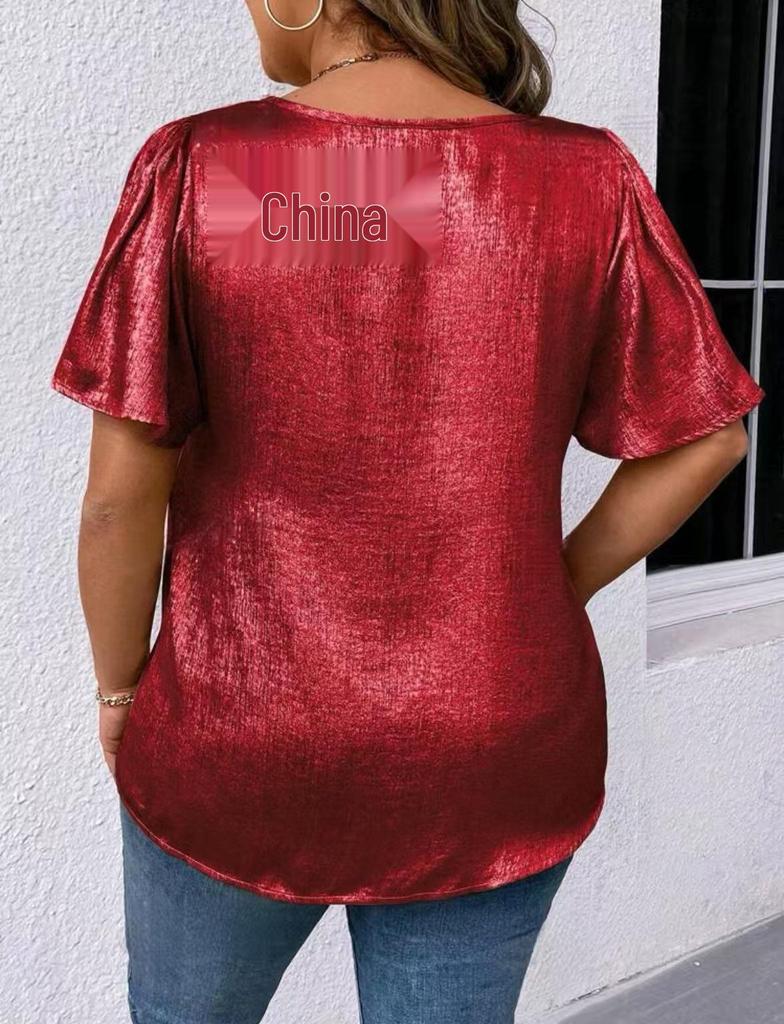 T-shirt Manches Courtes Uni Col en V Coupe Ample pour Femme Printemps/Été 2026