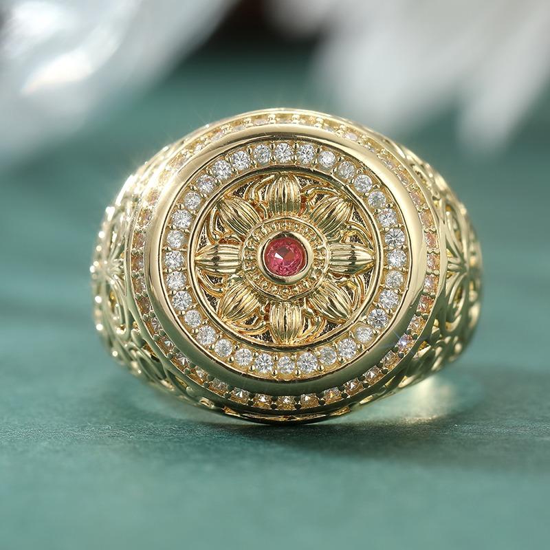 Vintage Inlaid Red White CZ Women's Ring Trendy Gold Color Hand Carving Daily Wear Party Jewelry Anniversary Gift