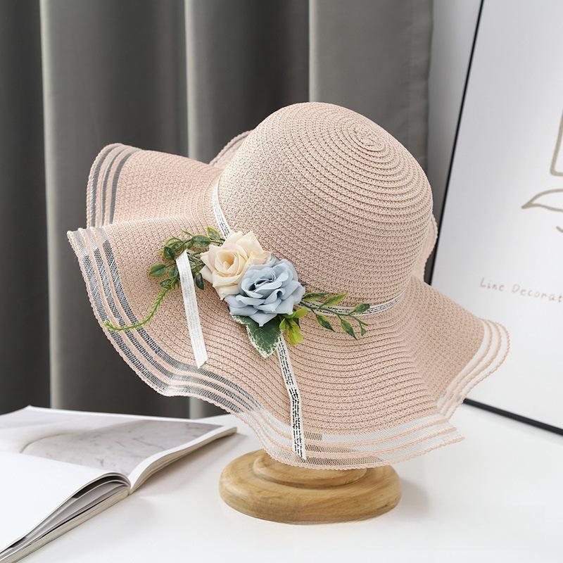 Straw Hat, Versatile In Summer, Seaside Brim, Beach Sun Hat, Fashionable Adult, Simulated Flower, Wave Grass Weaving, Sun Protection