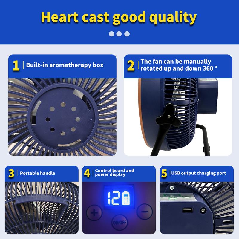 Portable Battery Operated Solar Fan Rechargeable for 6-24 Hours Use Ideal for Camping Patio Fishing with USB Output