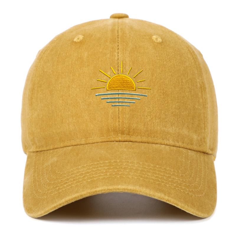 Unisex Vintage Washed Baseball Cap - Embroidered Beach Sunrise, Breathable & Sun Protective for Summer Outdoor Activities